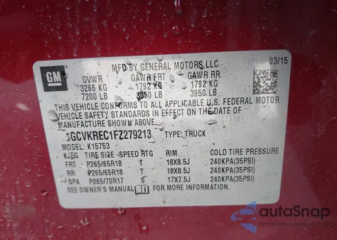 2015 Chevrolet Silverado 1500 2Lt z USA, uszkodzony, nr VIN 1GCVKREC1FZ279213